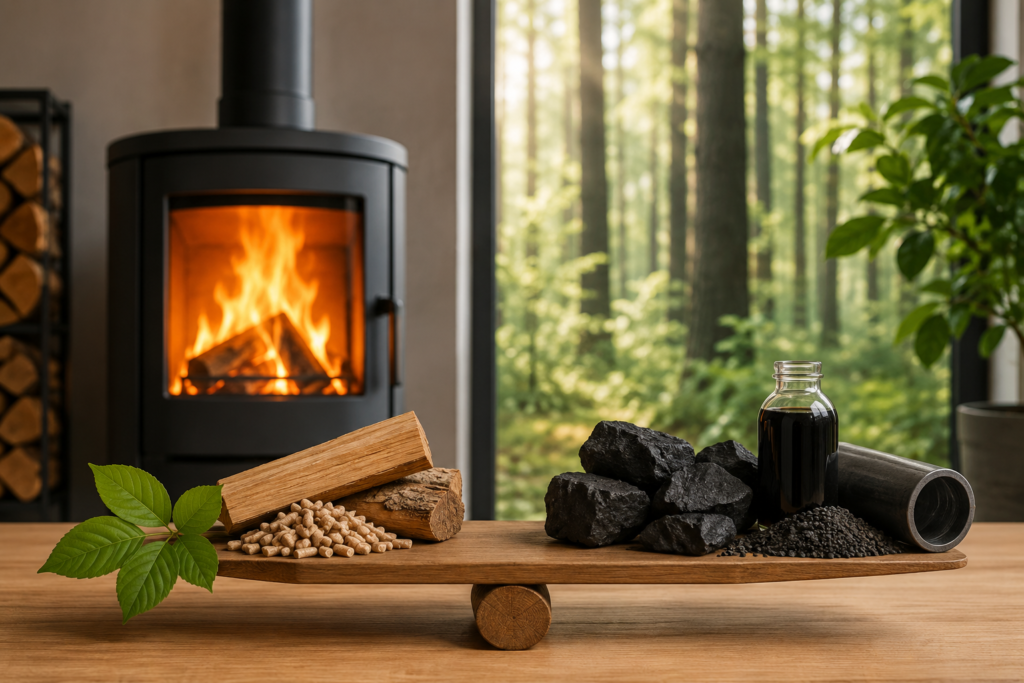 Ein Holzofen im Hintergrund. Im Vordergrund eine Waage, die Holzmaterialen und Feisntaub gegeneinander abwiegt.