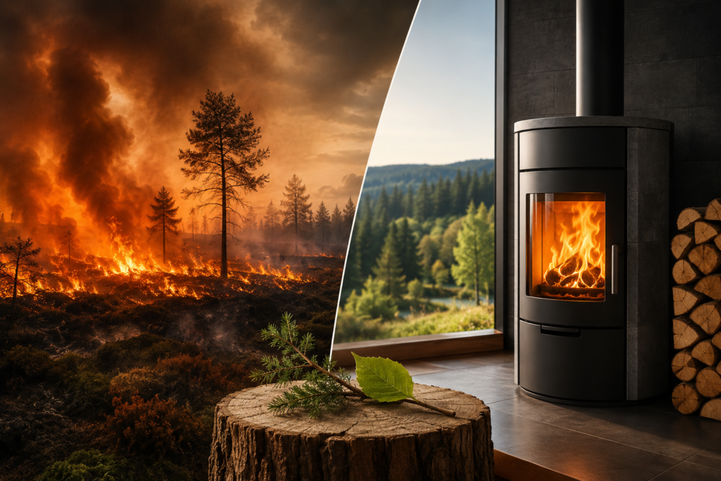 Auf der linken Sete ein Symbolbild eines Waldbrands. Auf der drechten Seite ein Holzofen in einem Wohnzmmer.