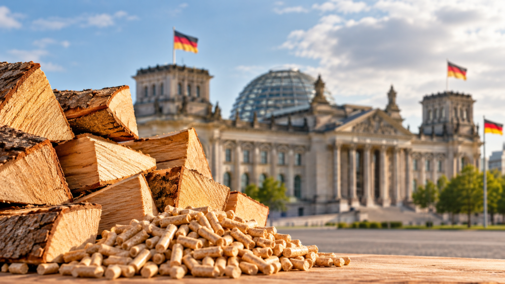 Holzscheite und Holzpellets im Vordergrund, dahinter das Reichstagsgebäude in Berlin mit deutschen Flaggen – Symbolbild zur Entscheidung der Bundesregierung gegen eine Nationale Biomassestrategie.