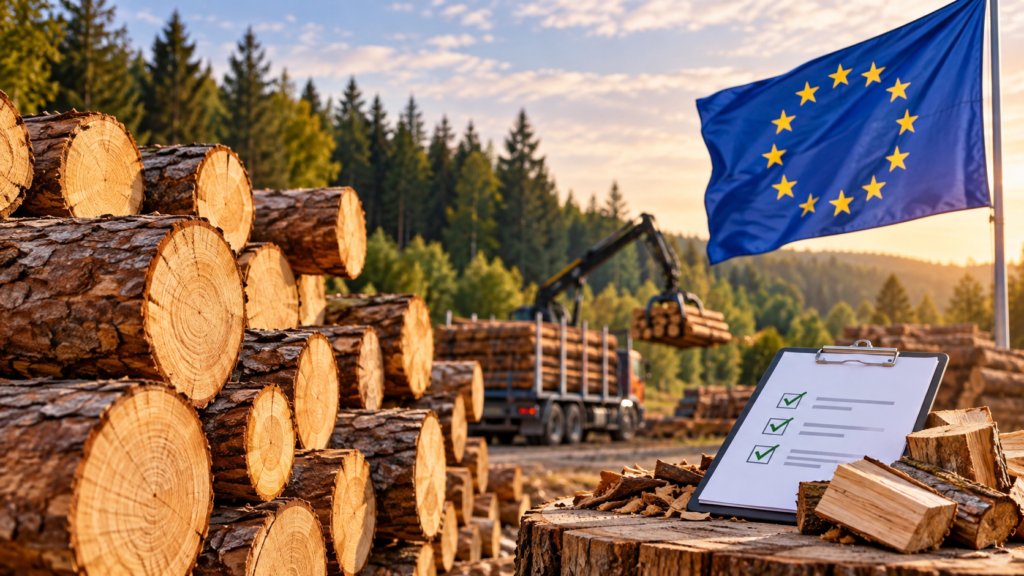 Gestapelte Baumstämme auf einem Holzlagerplatz mit EU-Flagge, Holztransporter und Checkliste als Symbol für die EU-Entwaldungsverordnung.