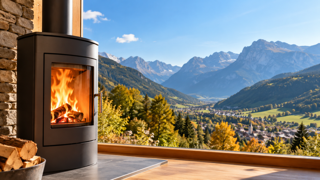 Ein moderner schwarzer Holzofen mit loderndem Feuer steht vor einem großen Panoramafenster. Der Blick fällt auf eine herbstliche Alpenlandschaft mit grünen Tälern, einem Dorf und imposanten Berggipfeln.